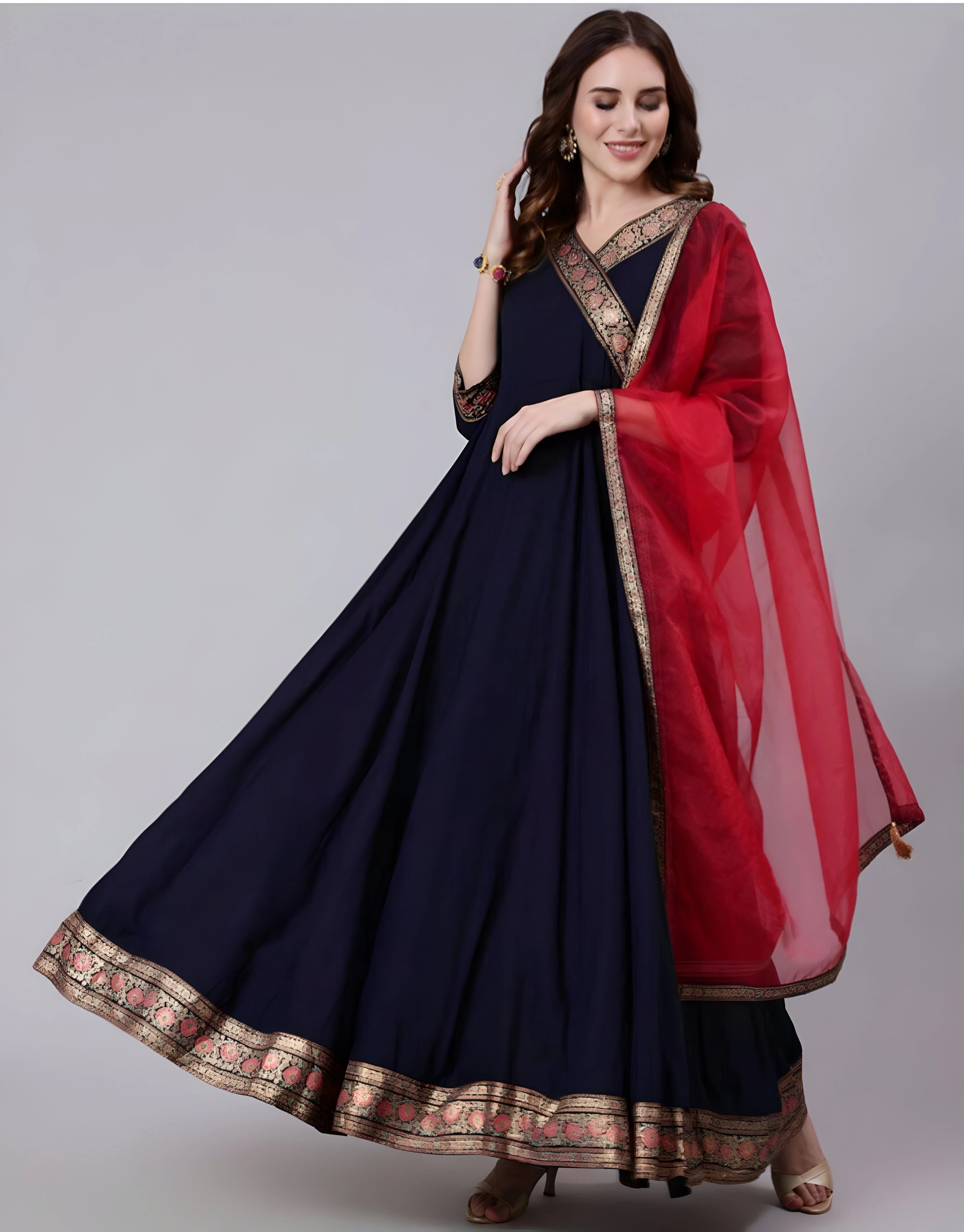 Velik Maroon Rayon Printed Gown Kurti with Fancy Sleeves | Bhadar